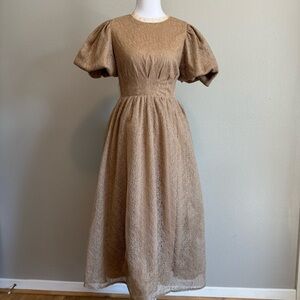 NWT Klesis Open Back Pearl Midi Dress Puffed Sleeve Textured Tan Neutral Small